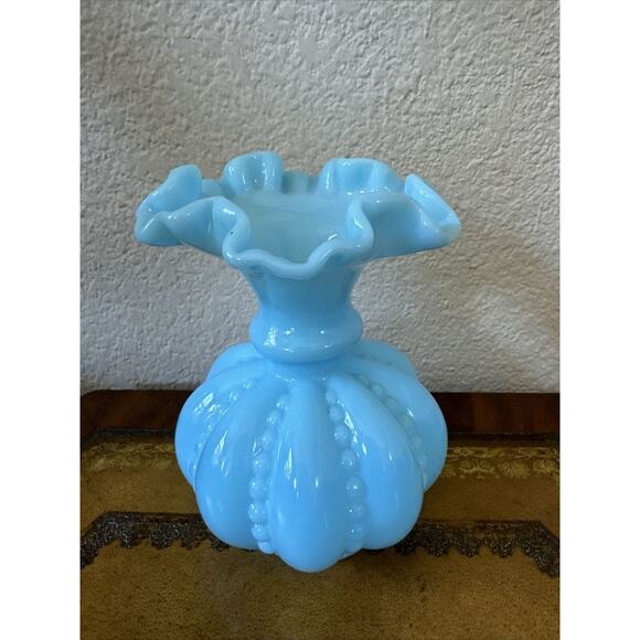 1970s Rare Fenton Blue Milk Glass Beaded Melon‎ Double Crimped Ruffled 6